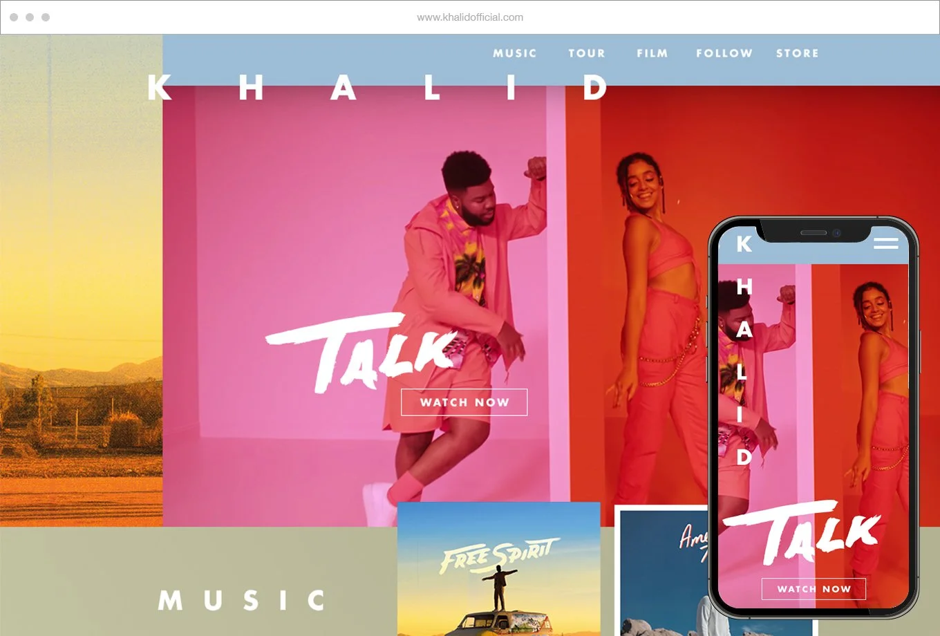Website homepage showing a colorful design with artists, music, tour, film, follow, store links, and a prominent image of two people dancing, one man in pink shorts and a woman in pink outfits, with a mobile phone displaying the same content.