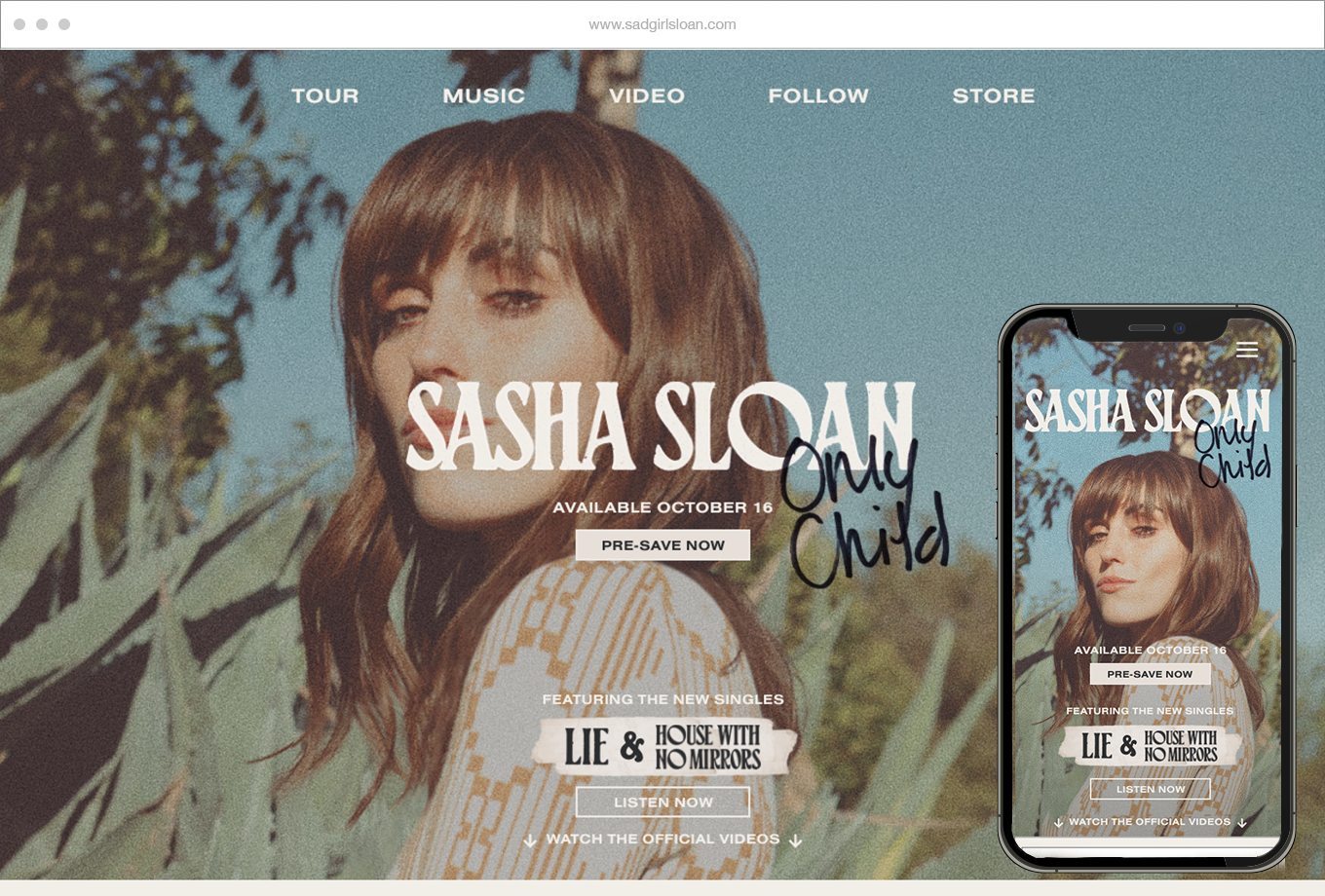 Website homepage for Sasha Sloan's album 'Only Child', showing a woman with brown hair in a field, with menu options at the top and promotional text about the album release and singles.