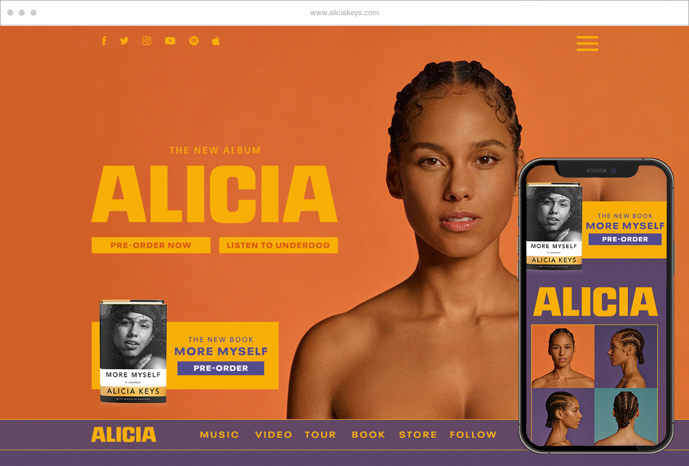 Webpage promotional banner for Alicia's new album featuring a portrait of Alicia Keys against an orange background. The banner shows options to pre-order the album or listen to 'Underdog.' It also displays a mobile phone mockup with album covers and portraits of Alicia, emphasizing the album release.