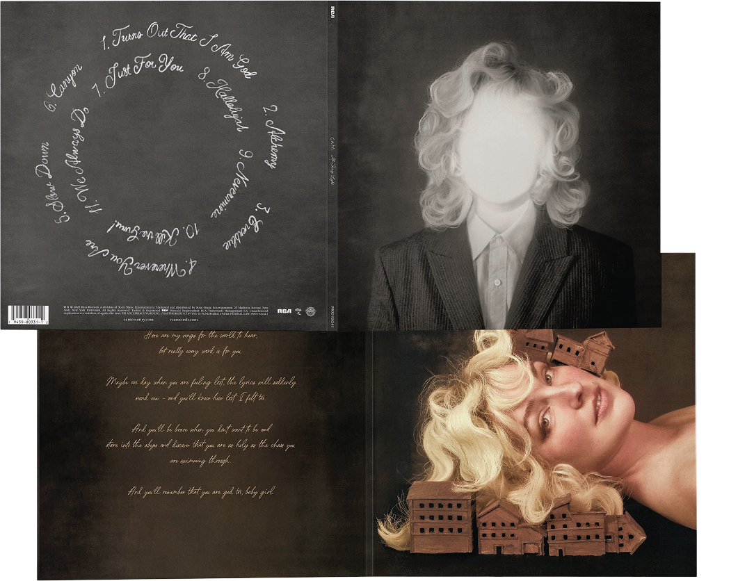 An album cover with four sections: top left with a circular tracklist written in cursive on a dark background, top right with a faceless black and white portrait of a person with curly hair and a suit, bottom left with a handwritten song lyric in cursive, and bottom right with a smiling woman with blonde curly hair surrounded by small brick models.