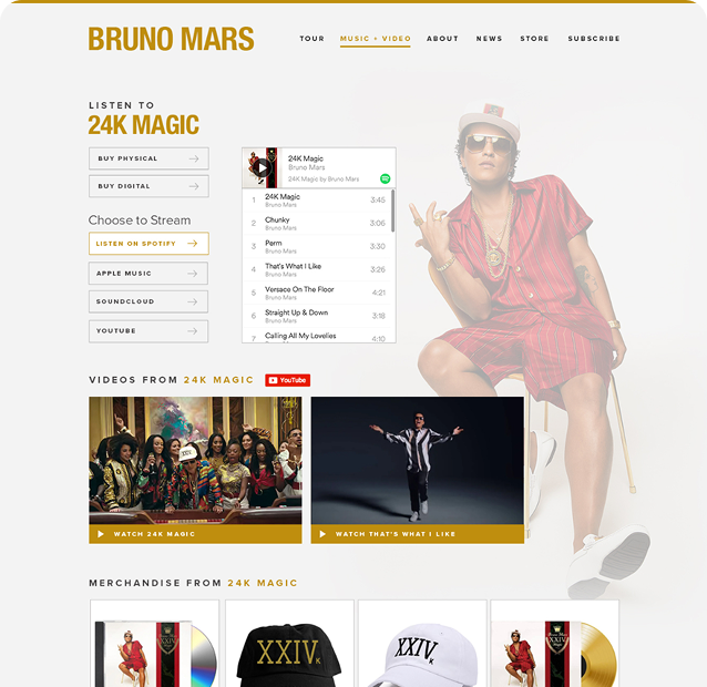Website homepage for Bruno Mars featuring his album 24K Magic with album tracks, streaming options, videos, and merchandise displayed.