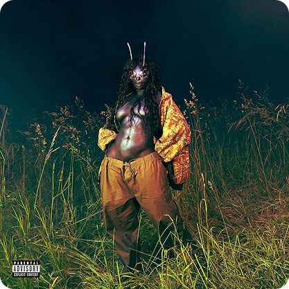 SZA with insect-like antennae on her head and a shiny, metallic face, standing in tall grass at night, wearing baggy brown pants and a golden jacket.