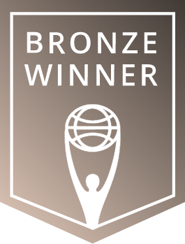Clio Bronze winner award badge featuring an abstract figure holding a globe or spherical object.