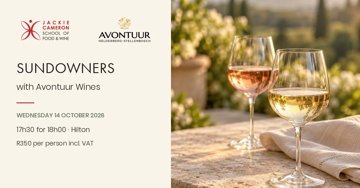 Spring-inspired Sundowners with Avontuur Wines artwork featuring wine glasses, the Jackie Cameron School logo and the 14 October 2026 event details.