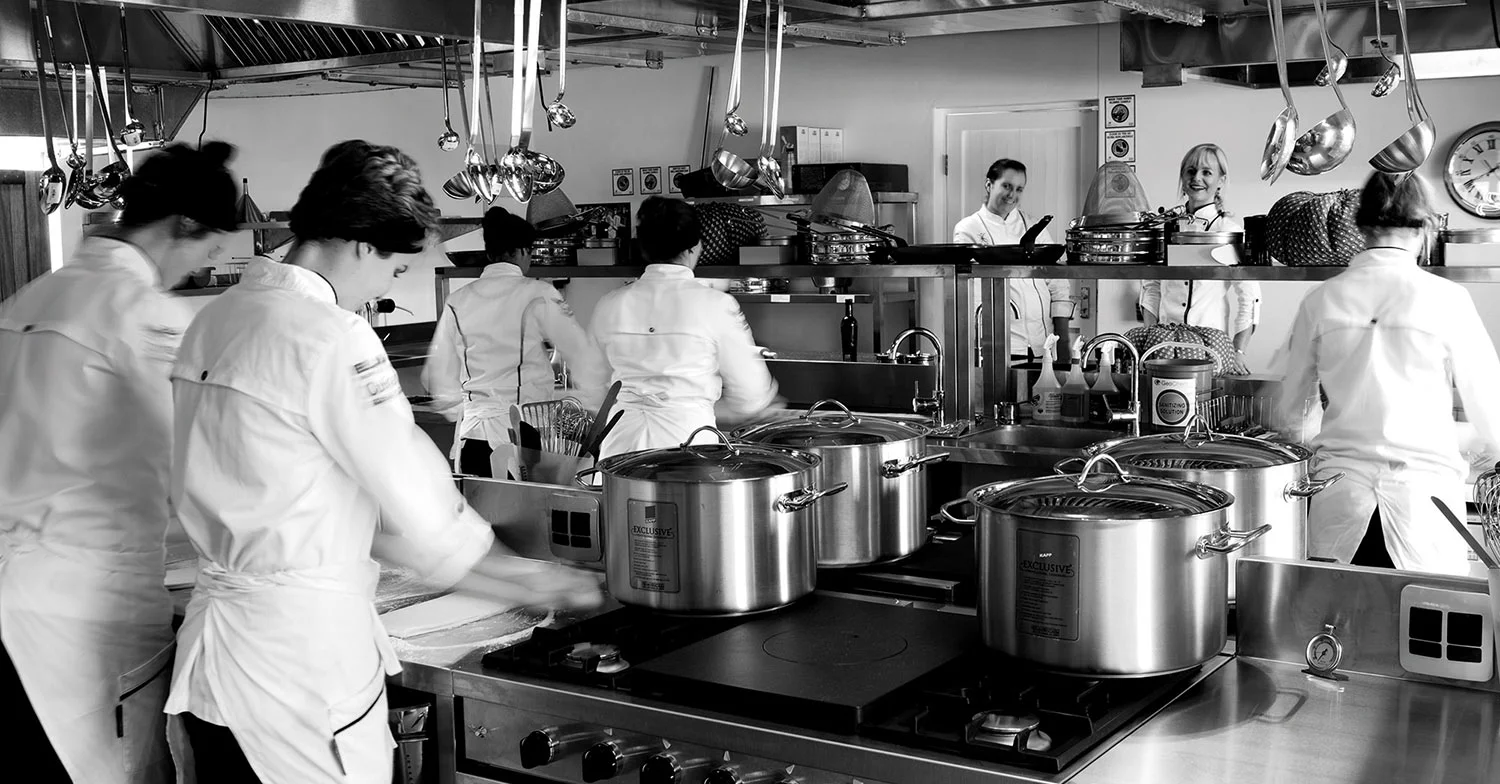 Jackie Cameron and her assistant Elaine Boshoff put the five students of the Jackie Cameron School of Food and Wine through their paces in the student kitchen.