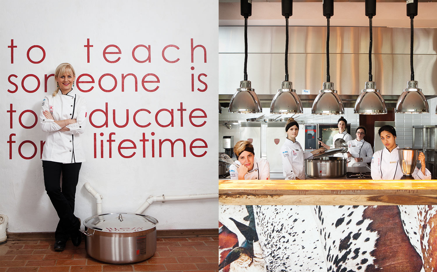 Award-winning chef Jackie Cameron recently opened her School of Food and Wine in her former childhood home in Hilton, KwaZulu-Natal; the students, from left, Kate Cousins, Carla Schulze, Cara Conway, Emily Schmidt and Rai-Teree Dass, in the state-of-the-art function venue kitchen.