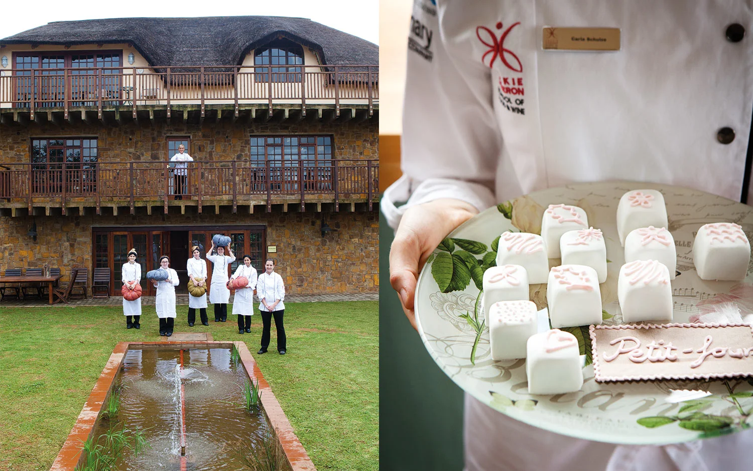  The students, and their Wonderbags, outside the school, with the lecture room on the ground floor and the student kitchen on the second. Petit-fours made by Carla Schultze for the school's outlet.