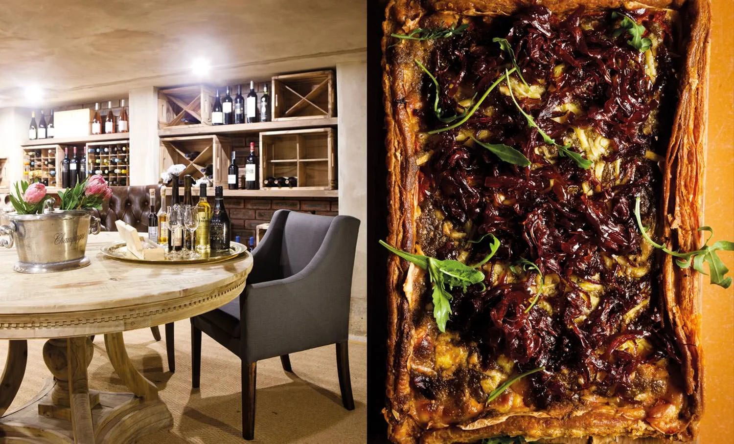  A caramelised onion tart made by Rai-Teree Dass and Cara Conway for sale in the outlet; the wine cellar is located under the house and contains Jackie's collection – guests will be able to store their wine there under lock and key.