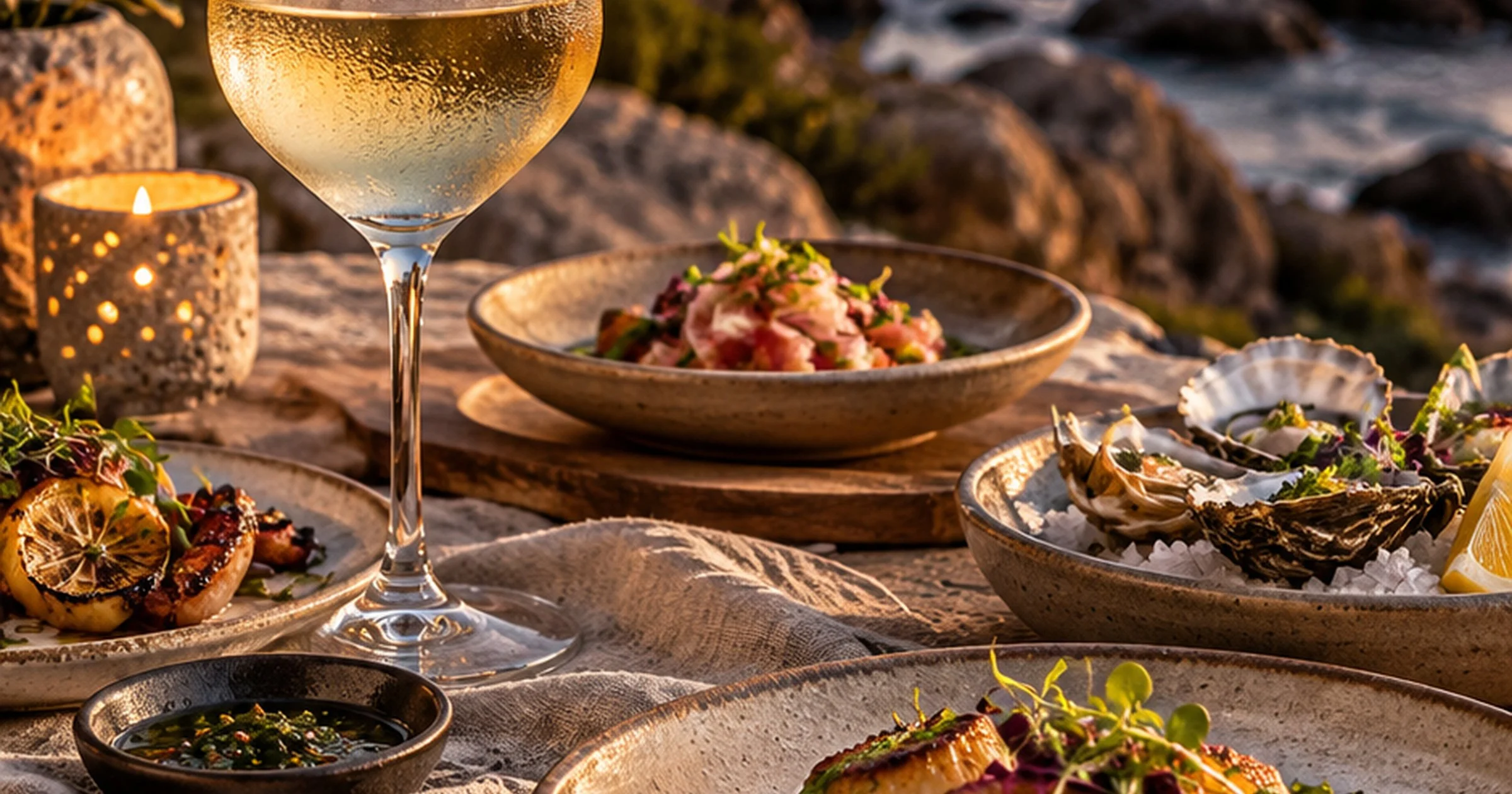 A glass of white wine and tasting dishes on a coastal-inspired table at sunset.