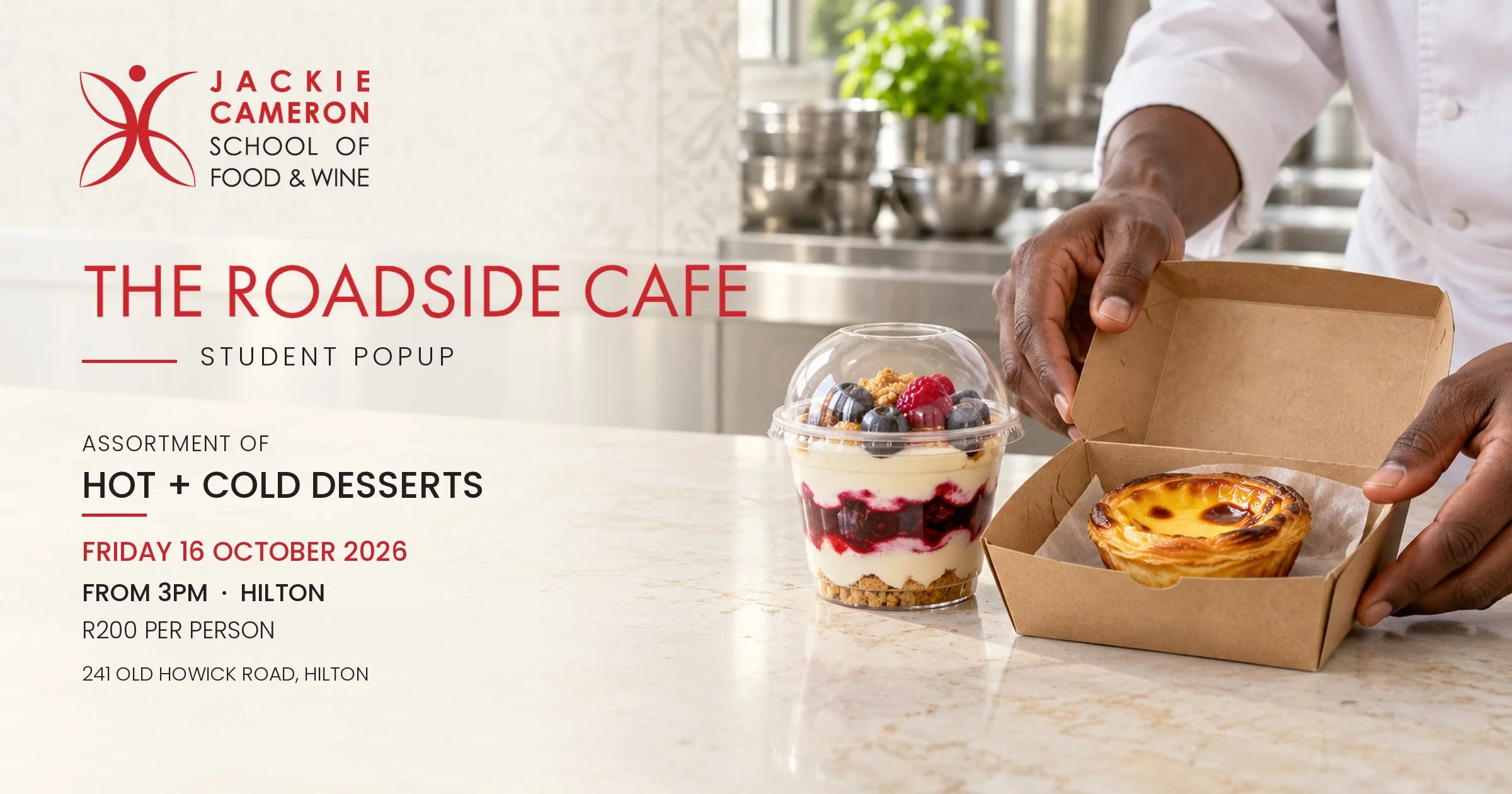 Student chef preparing takeaway hot and cold desserts in a culinary school kitchen