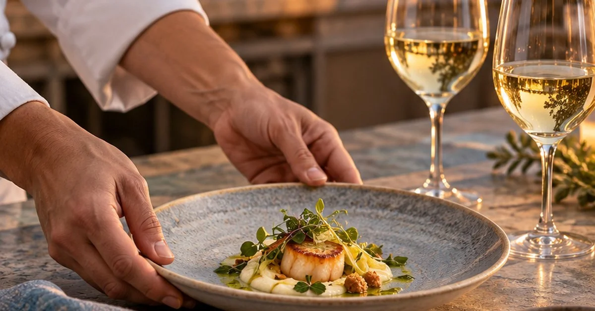 Chef’s hands placing a food tasting beside glasses of white wine.