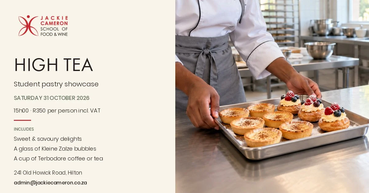 Branded High Tea event image for Saturday 31 October 2026, 15h00, R350 per person including VAT, listing sweet and savoury delights, a glass of Kleine Zalze bubbles and a cup of Terbodore coffee or tea.