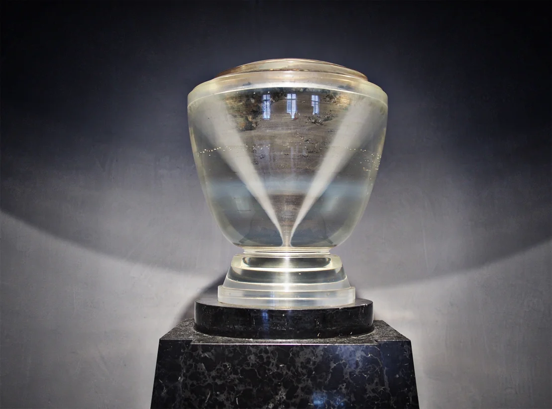 An urn that holds human ashes stands as a representation of the 4 million lives taken at Auschwitz and Birkenau.
