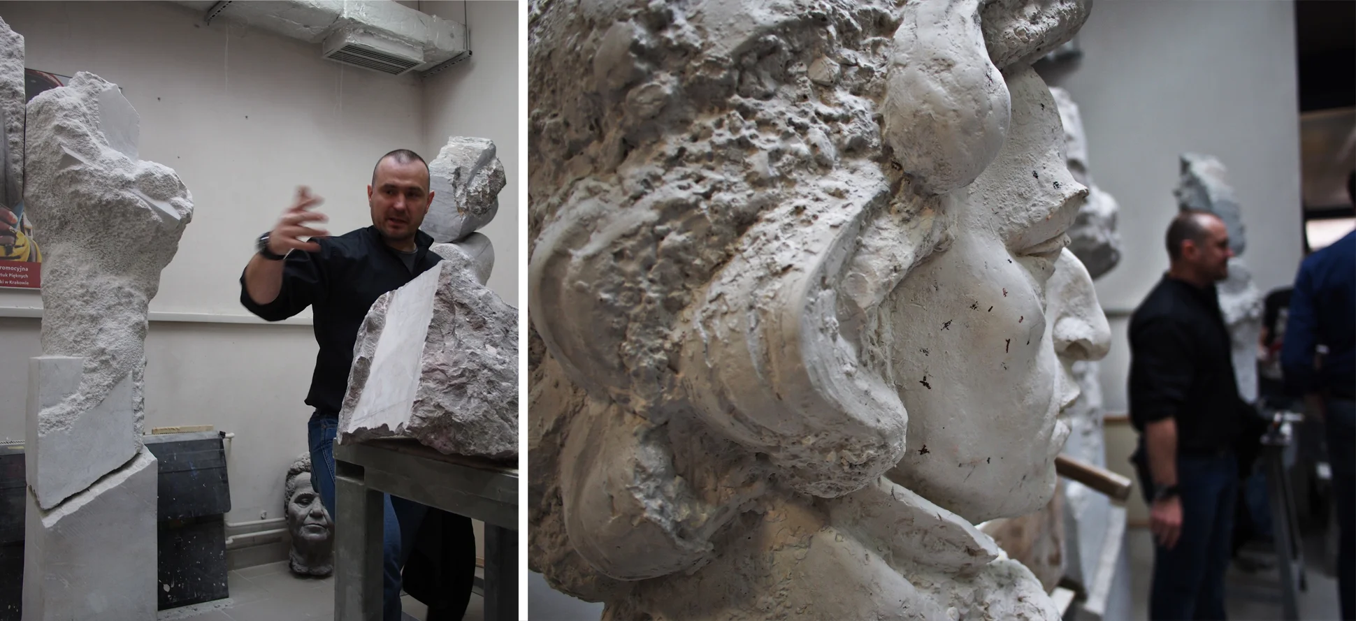A professor in the stone carving studio explains the learning process that students go through. Each student spends about 1 year to complete a full scale sculpture.