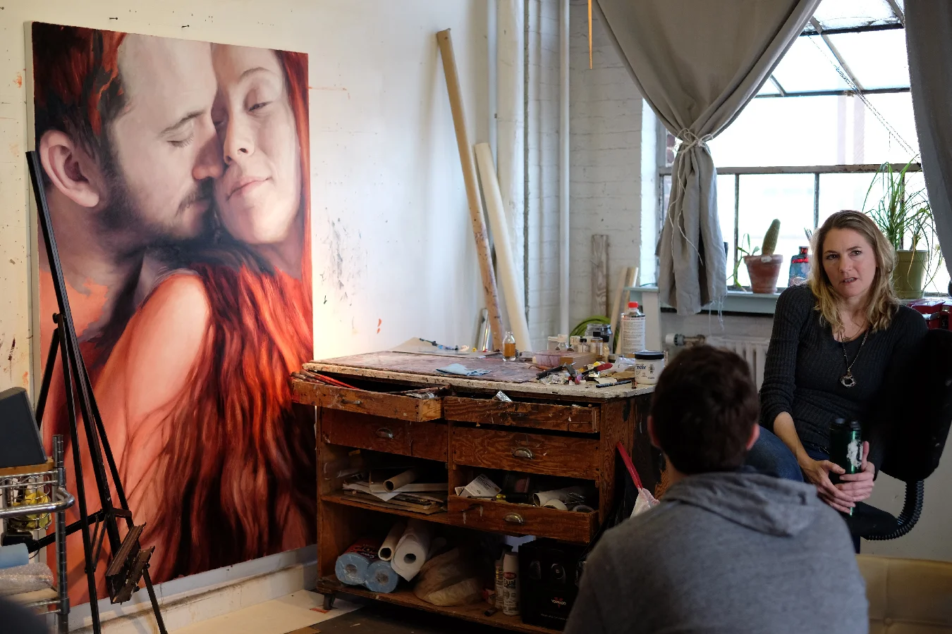 Michelle Doll generously spent time with our group to talk about her paintings and what it is to be an artist. The painting-in-progress on the wall is being created for an exhibition in Oslo, Norway.