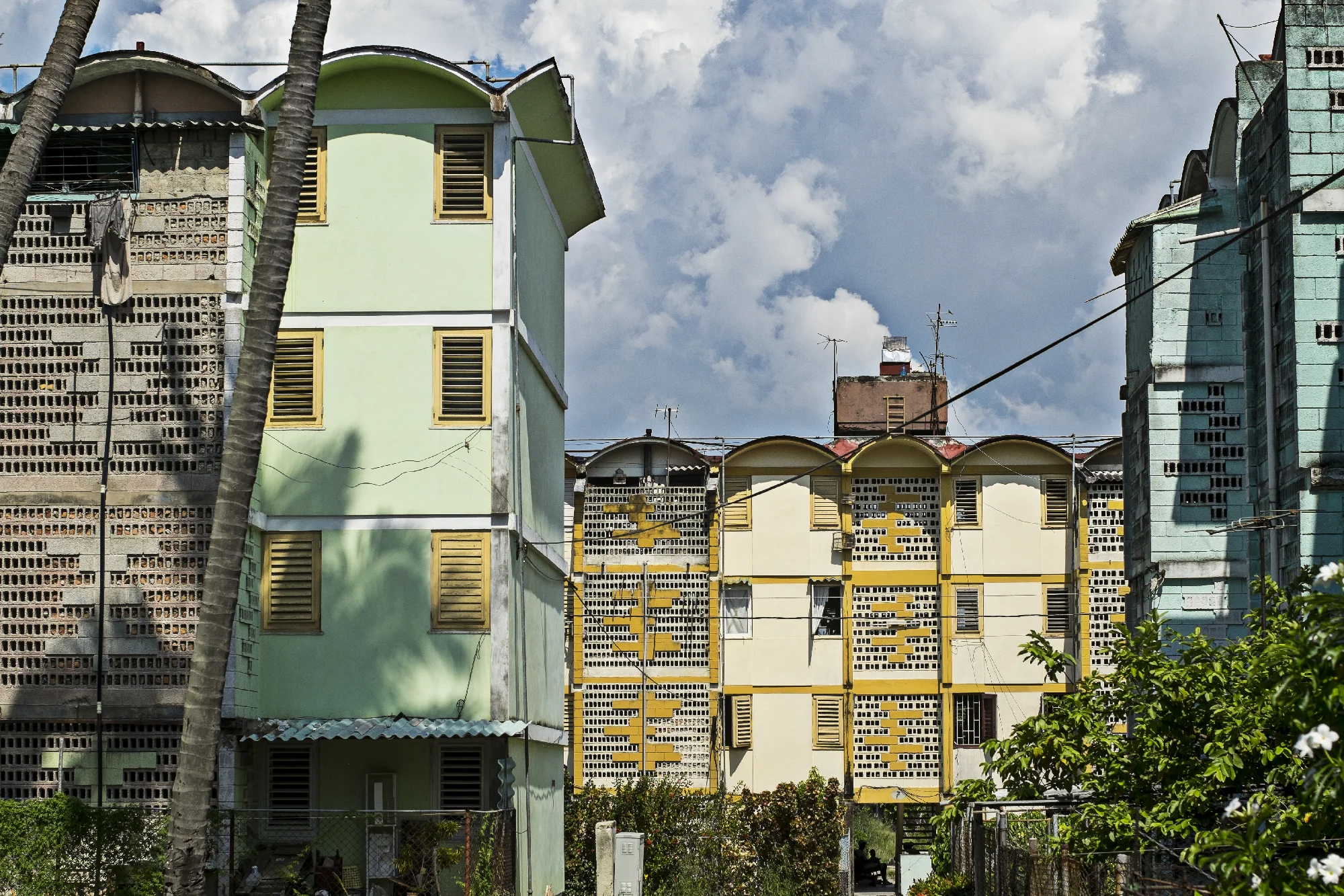 Vibrant colors liven up the ready-made apartment blocks.