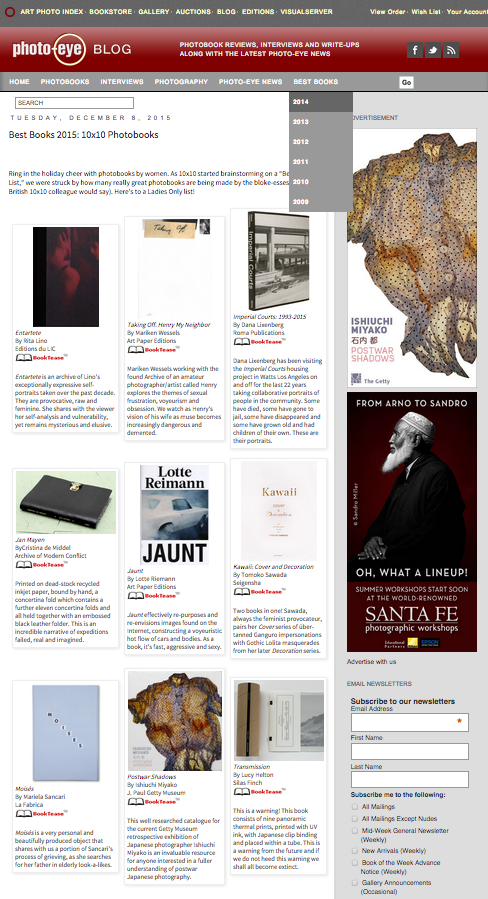 Moisés selected one of the PHOTOEYE BEST BOOKS 2015 by 10x10 Photobooks. " Moisés is a very personal and beautifully produced object that shares with us a portion of Sancari's process of grieving, as she searches for her father in elderly look-a-likes. "