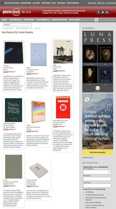 Moisés selected one of the PHOTOEYE BEST BOOKS 2015 by Sarah Bradley. "While Moisés contains some arresting portraiture, it is the marriage of content and form that makes it so poweful. A visceral reading experience, emotive and stunningly communicative. "