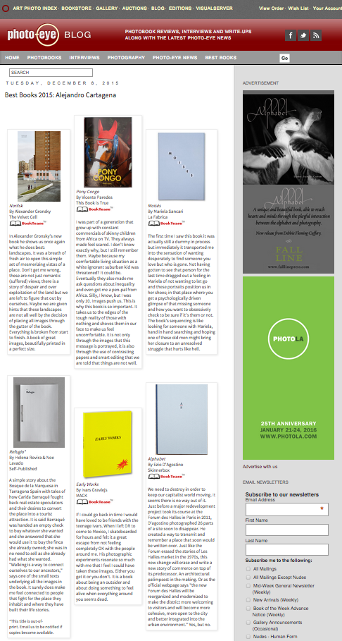 Moisés selected one of the PHOTOEYE BEST BOOKS 2015 by Alejandro Cartagena. "The first time I saw this book it was actually still a dummy in process but immediately it transported me into the sensation of wanting desperately to find someone you love but who is gone. Not having gotten to see that person for the last time dragged out a feeling in Mariela of not wanting to let go and these portraits position us in her shoes, in that place where you get a psychologically driven glimpse of that missing someone and how you want to obsessively check to be sure if it's them or not. The book's sequencing is like looking for someone with Mariela, hand in hand searching and hopping one of these old men might bring her closure to an unresolved struggle that hurts like hell. "