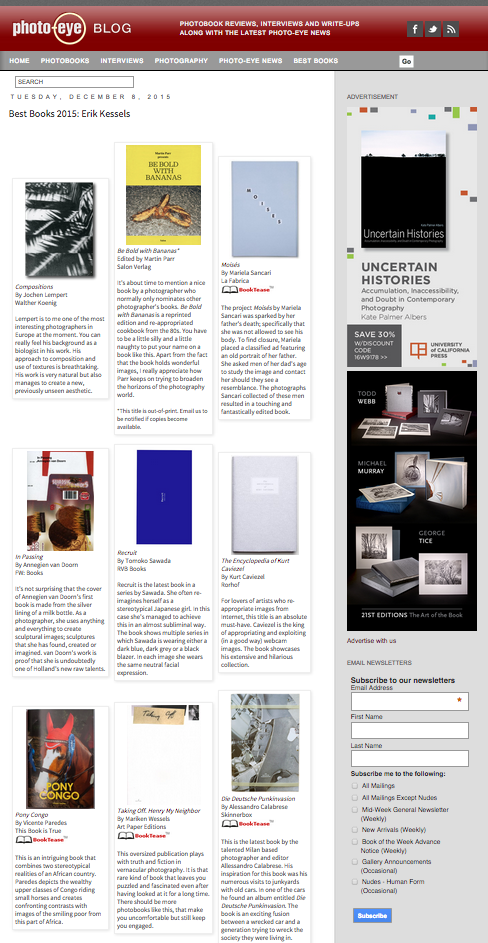 Moisés selected one of the PHOTOEYE BEST BOOKS 2015 by Erik Kessels. "The project Moisés by Mariela Sancari was sparked by her father's death, specifically that she was not allowed to see his body. To find closure, Mariela placed a classified ad featuring an old portrait of her father. She asked men of her dad's age to study the image and contact her should they see a resemblance. The photographs Sancari collected of these men resulted in a touching and fantastically edited book. " 