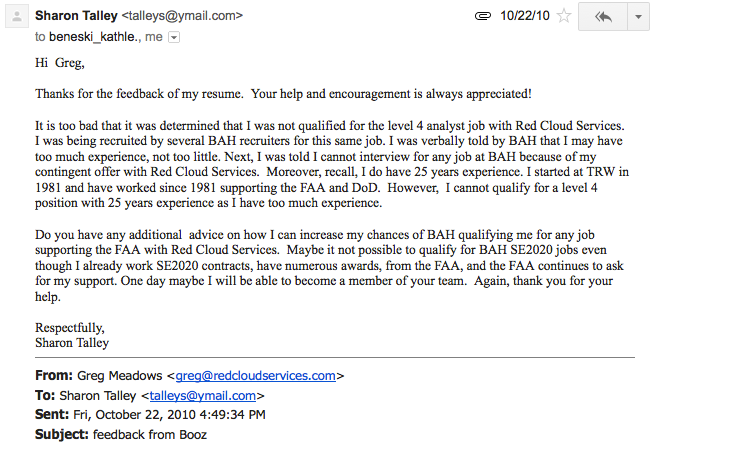 2010-10-Booz-Allen reject an approved RedCloud candidate they were actively recruiting privately.png
