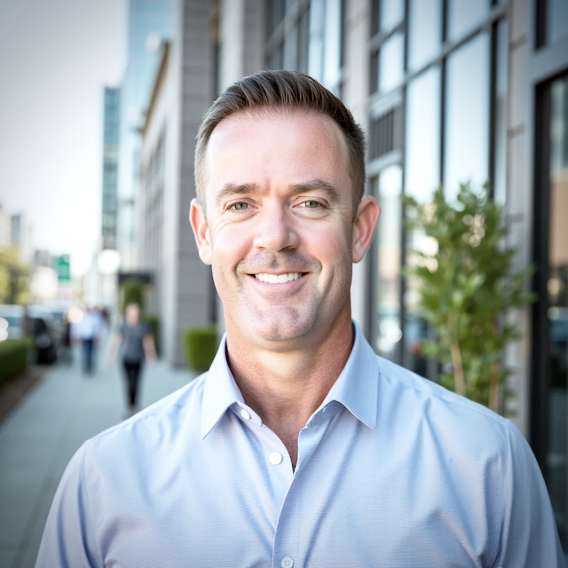 Dustin Engel in a light blue dress shirt standing outside in an urban environment with buildings and pedestrians in the background.