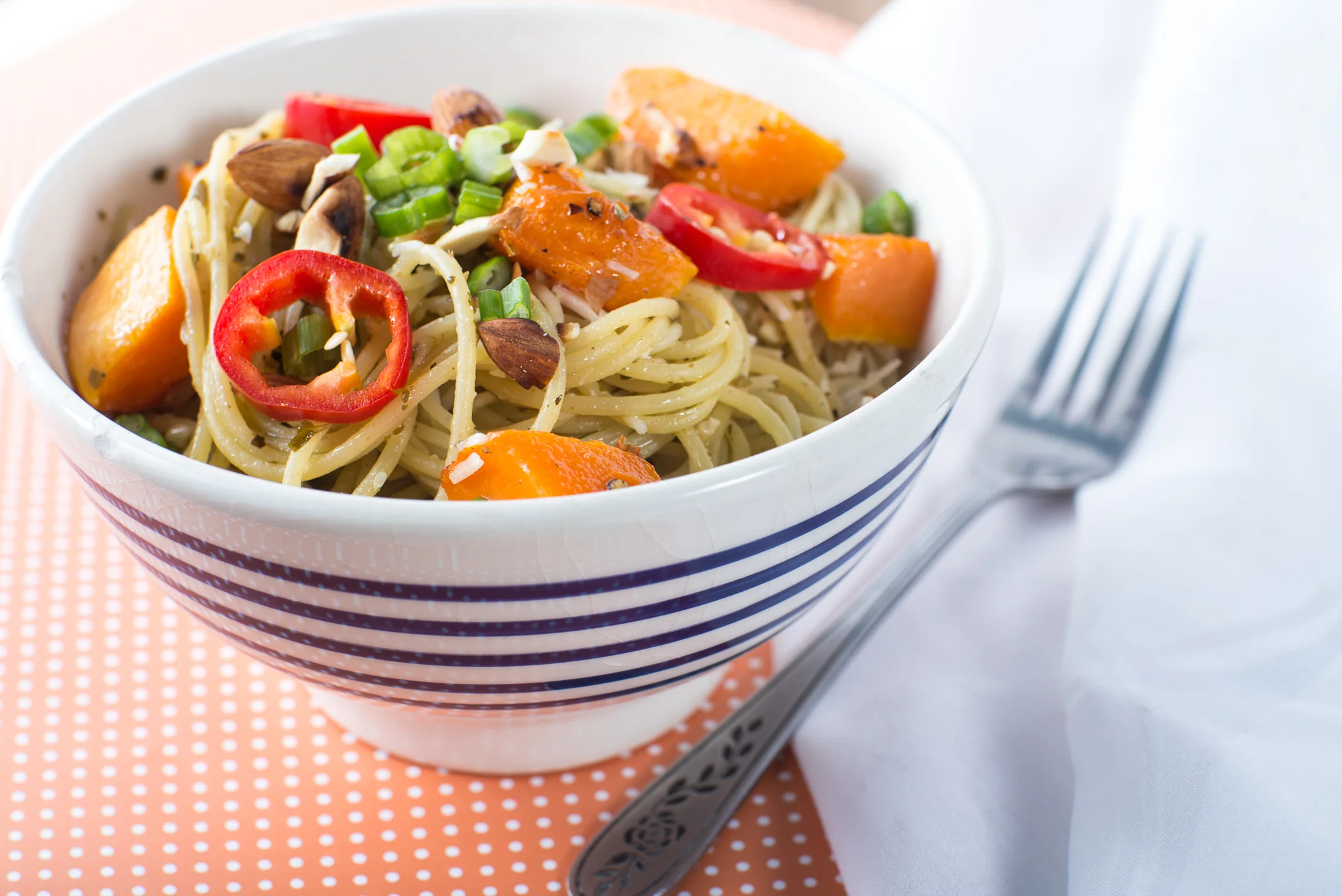 Angel Hair Pasta with Pesto and grilled butternut squash.
