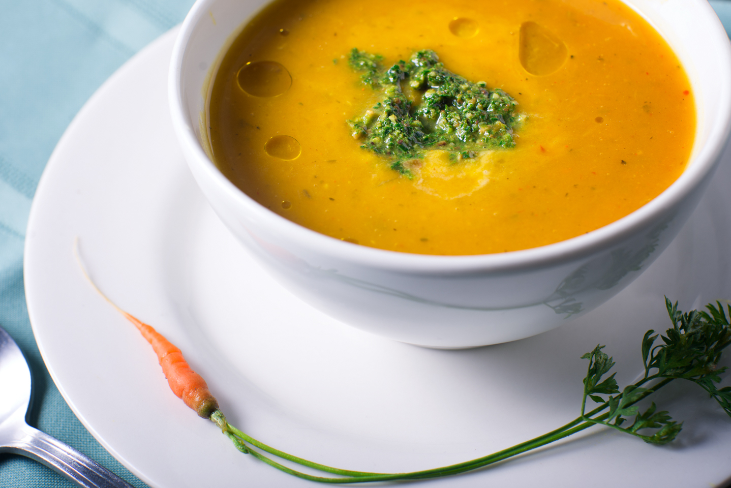 Harvest Pumpkin Soup with Kale Pesto Garnish