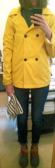 Yellow Raincoat , Skinny Jeans , L.L. Bean Rubber Moc s, Saint James Striped Beanie