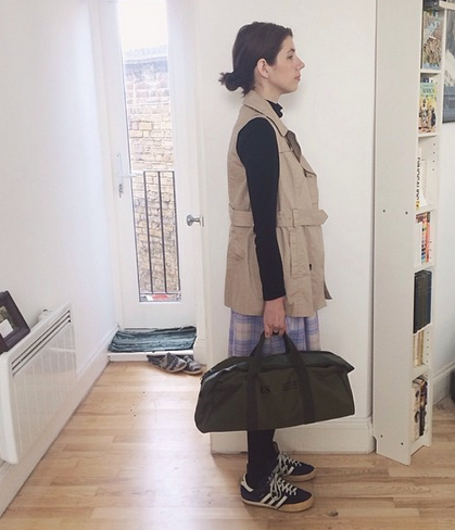 Forever21 Trench Vest, Vintage Adidas, $2 turtleneck, $14 plaid skirt
