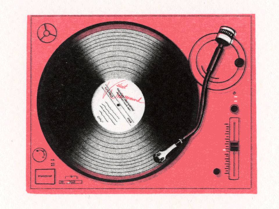 Risograph printed spinning Velvet Underground vinyl on a record player