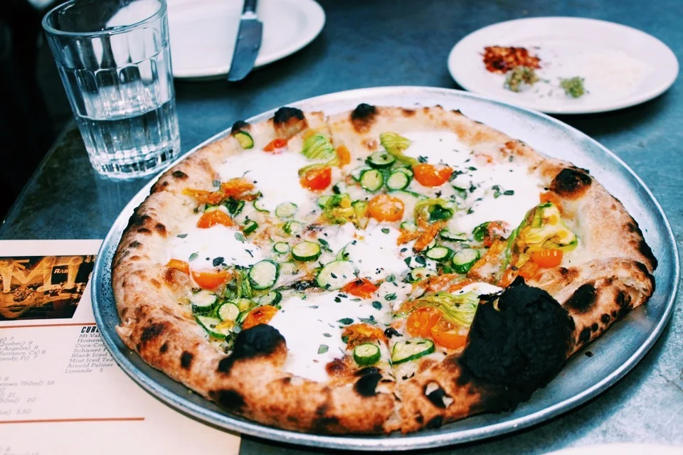 Squash Blossom, Zucchini, Cherry Tomato, Burrata & Parmesan Pizza at Gjelina.