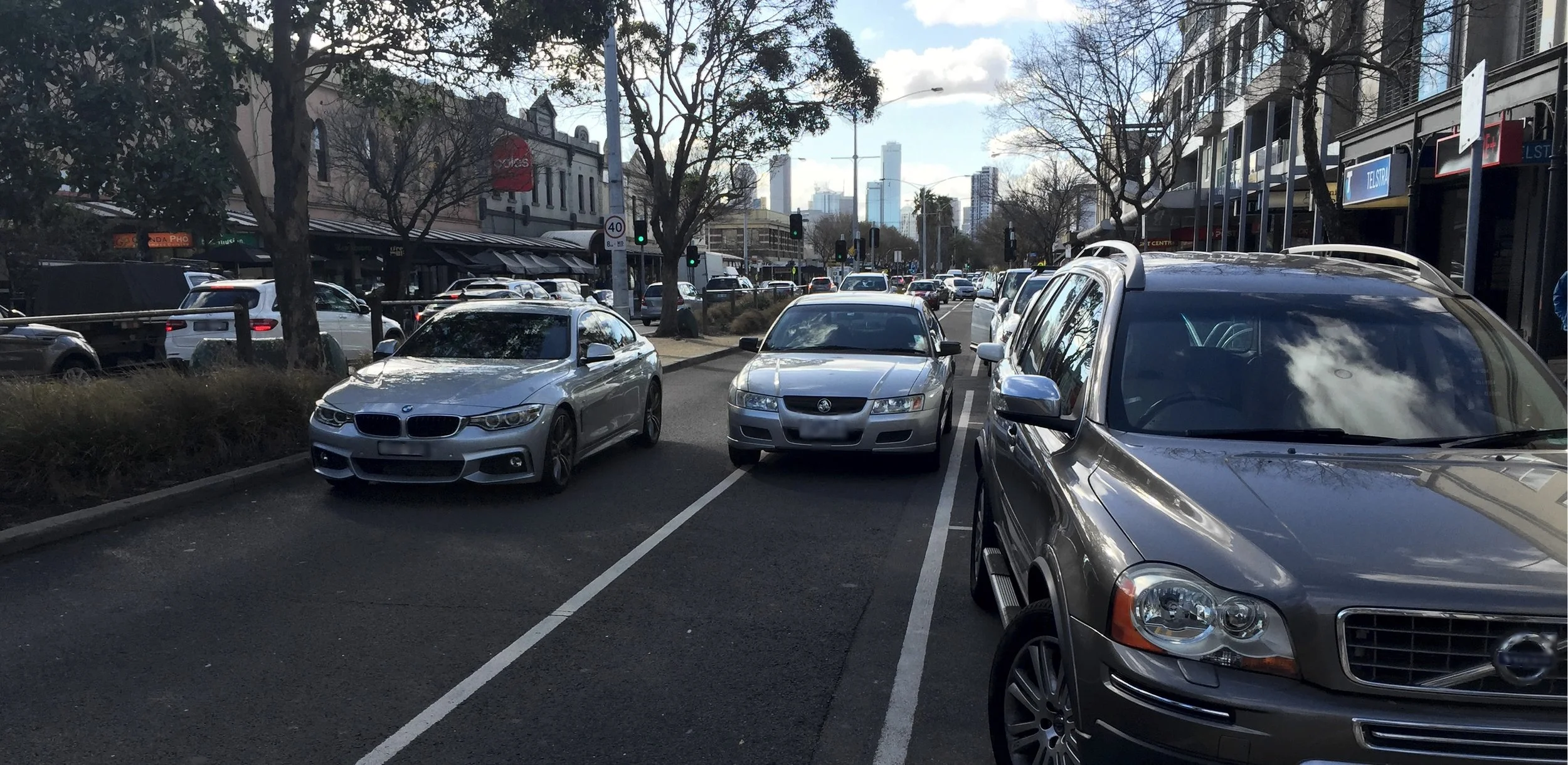 Here's a modern phenomenon. despite plenty of parking, just pull up wherever you like whilst you wait for your able-bodied teenager to run into the shop. Stuff the road rules or the traffic chaos, anything I'm doing is more important than what anyone else is doing. (PS. A daily event on Bay Street, Port Melbourne)