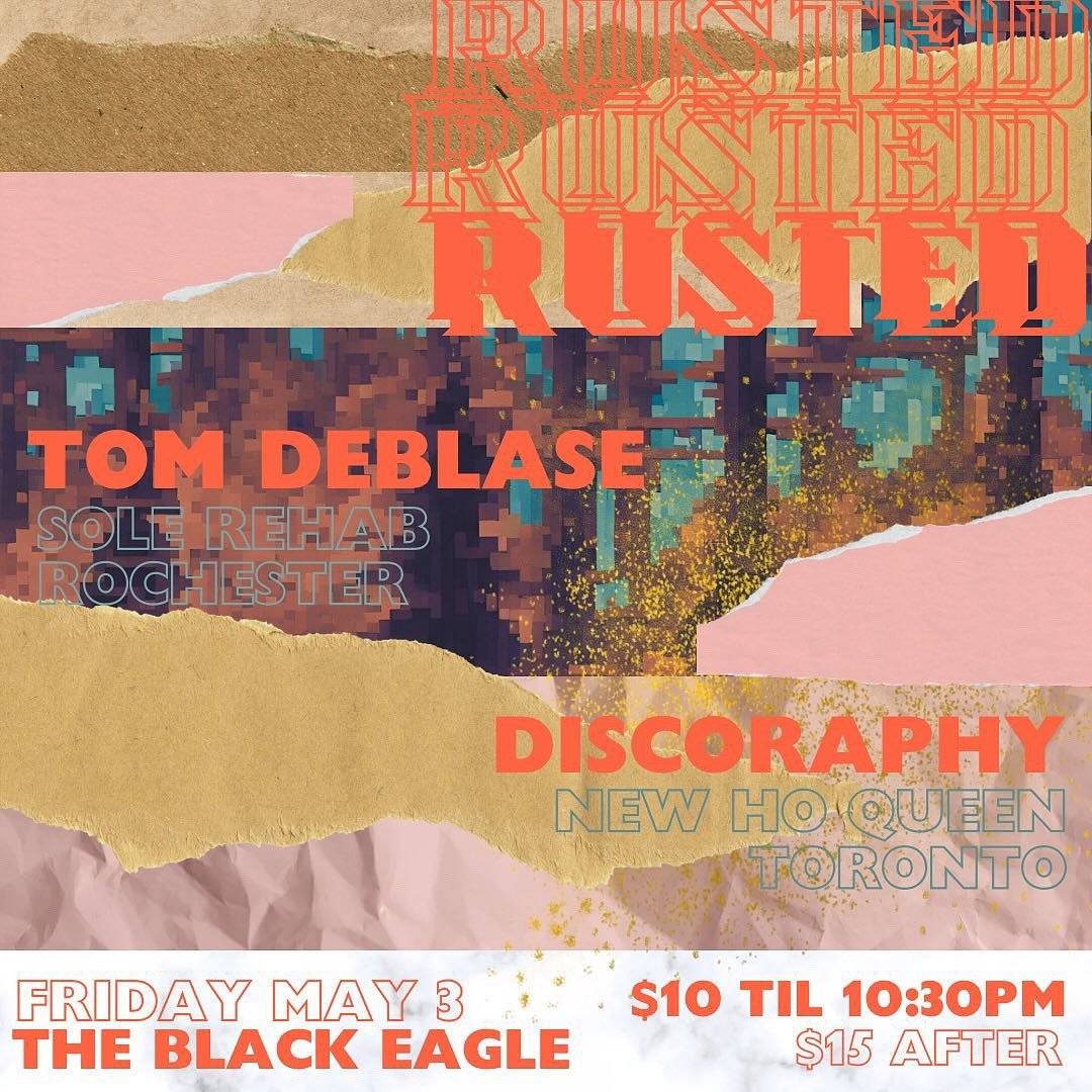 This Friday @rustedto is celebrating it&rsquo;s one year anniversary back at the Black Eagle! Come on out and dance to the 2 music being played by the esteemed DJs, @tomdeblase and @discoraphy all night long! It&rsquo;s gonna be a fun one. Party star