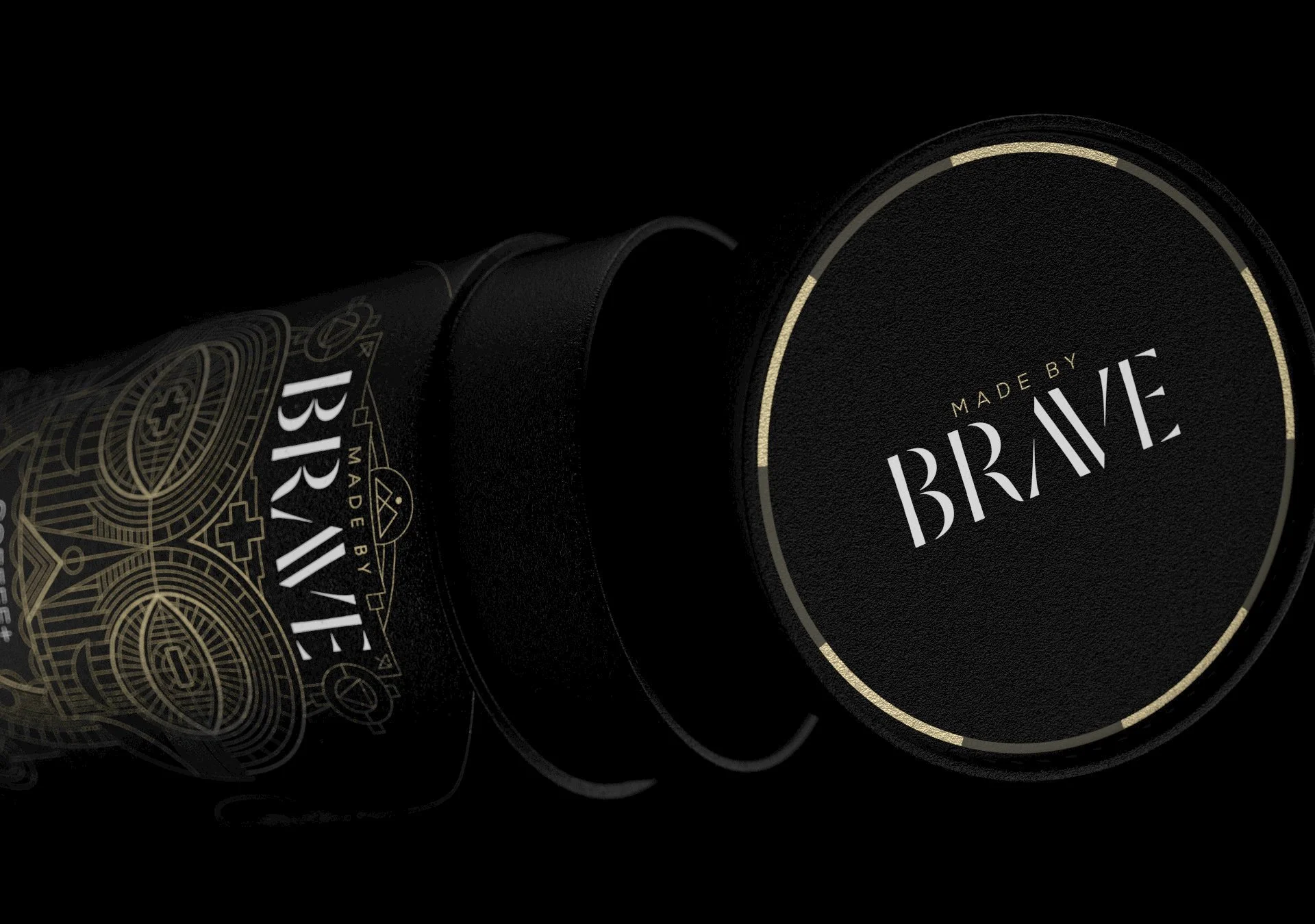 Photorealistic 3D render of Brave liquid supplement packaging, showing a macro from the left of a black tub with gold line artwork on a dark studio background.
