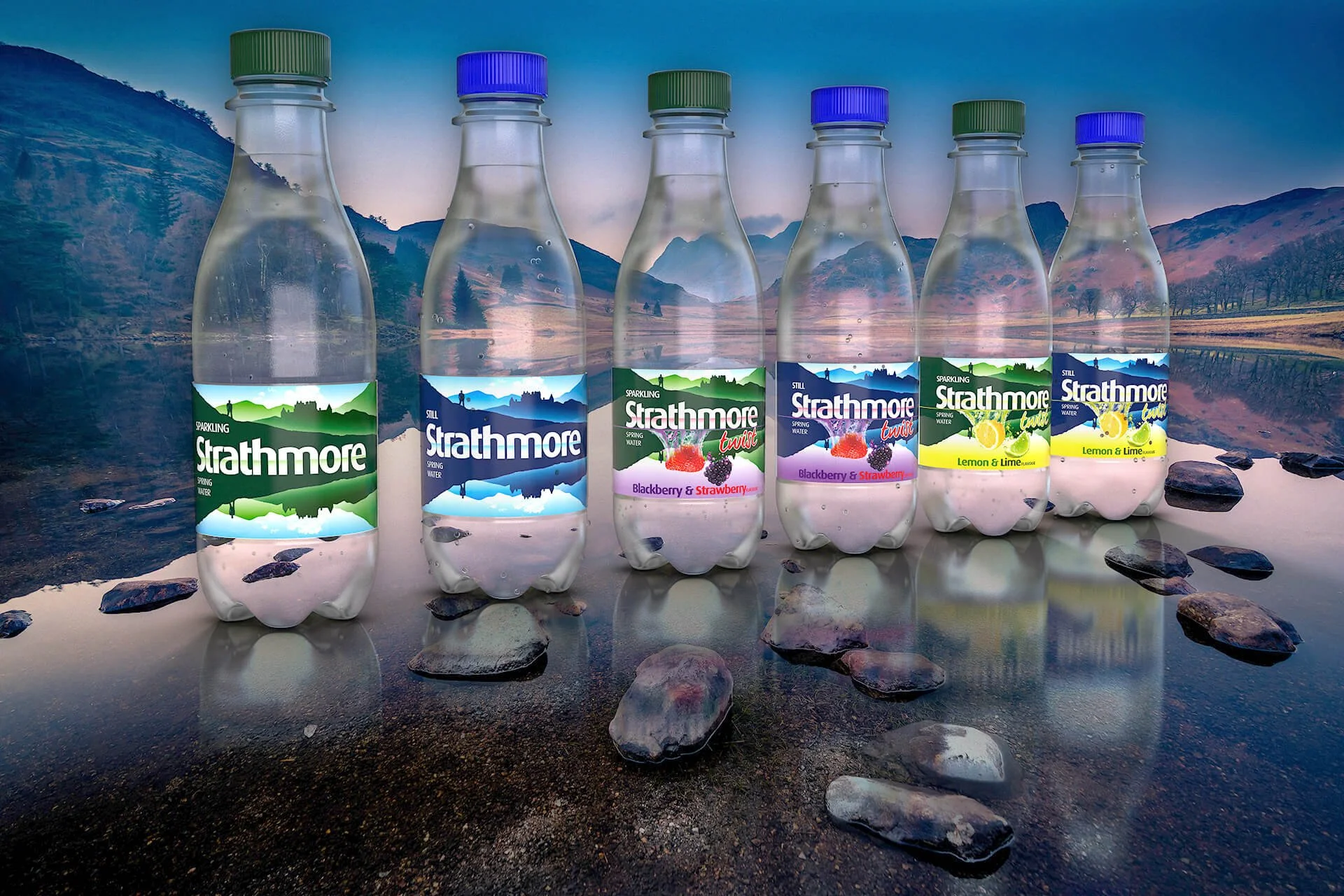 Gallery hero shot featuring six Strathmore spring water bottles in a serene landscape, positioned on reflective water with a backdrop of rolling hills and calm skies.