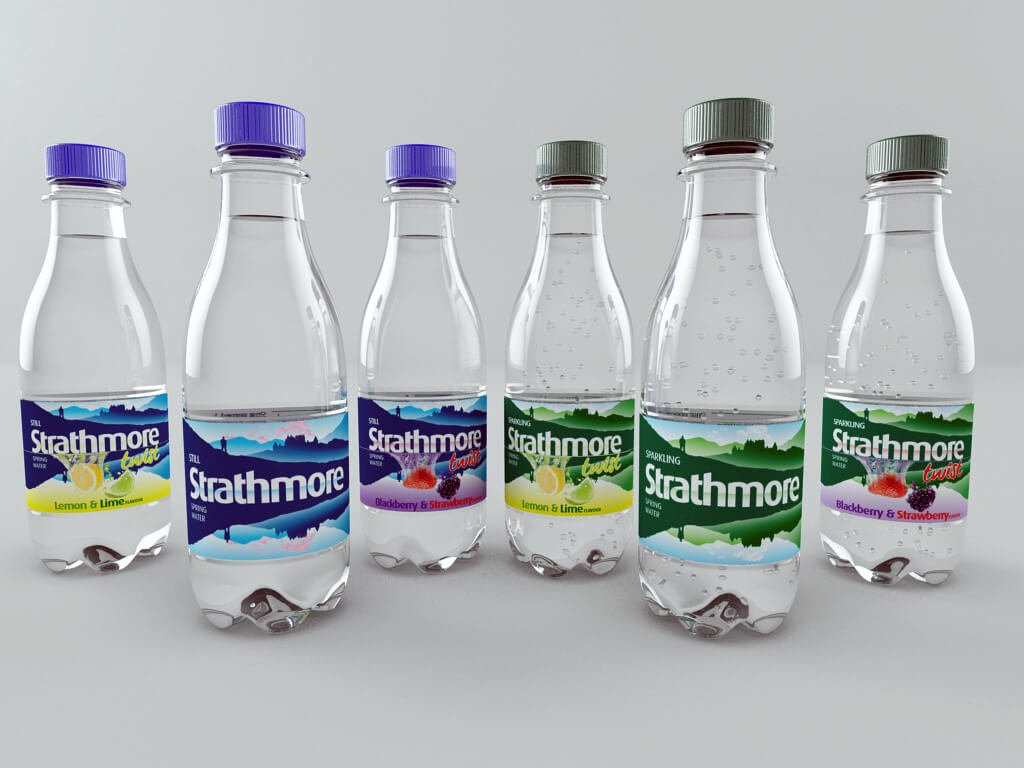 3D Visualising – Full range of Strathmore flavoured and standard water bottles on white background in product lineup.