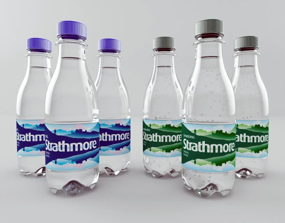 3D Visualising – Strathmore still and sparkling water bottles in studio setting with white background, two distinct product groups.