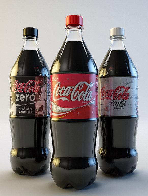 3D visual of Coca-Cola Zero, Classic and Light bottles with label and condensation details, showcasing photorealistic product visualisation.