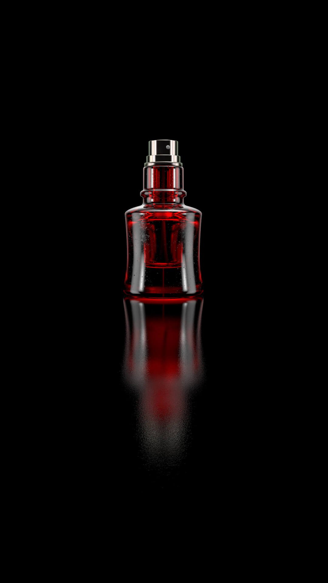 3D render of a rounded glass perfume bottle with caustic highlights and soft shadows.