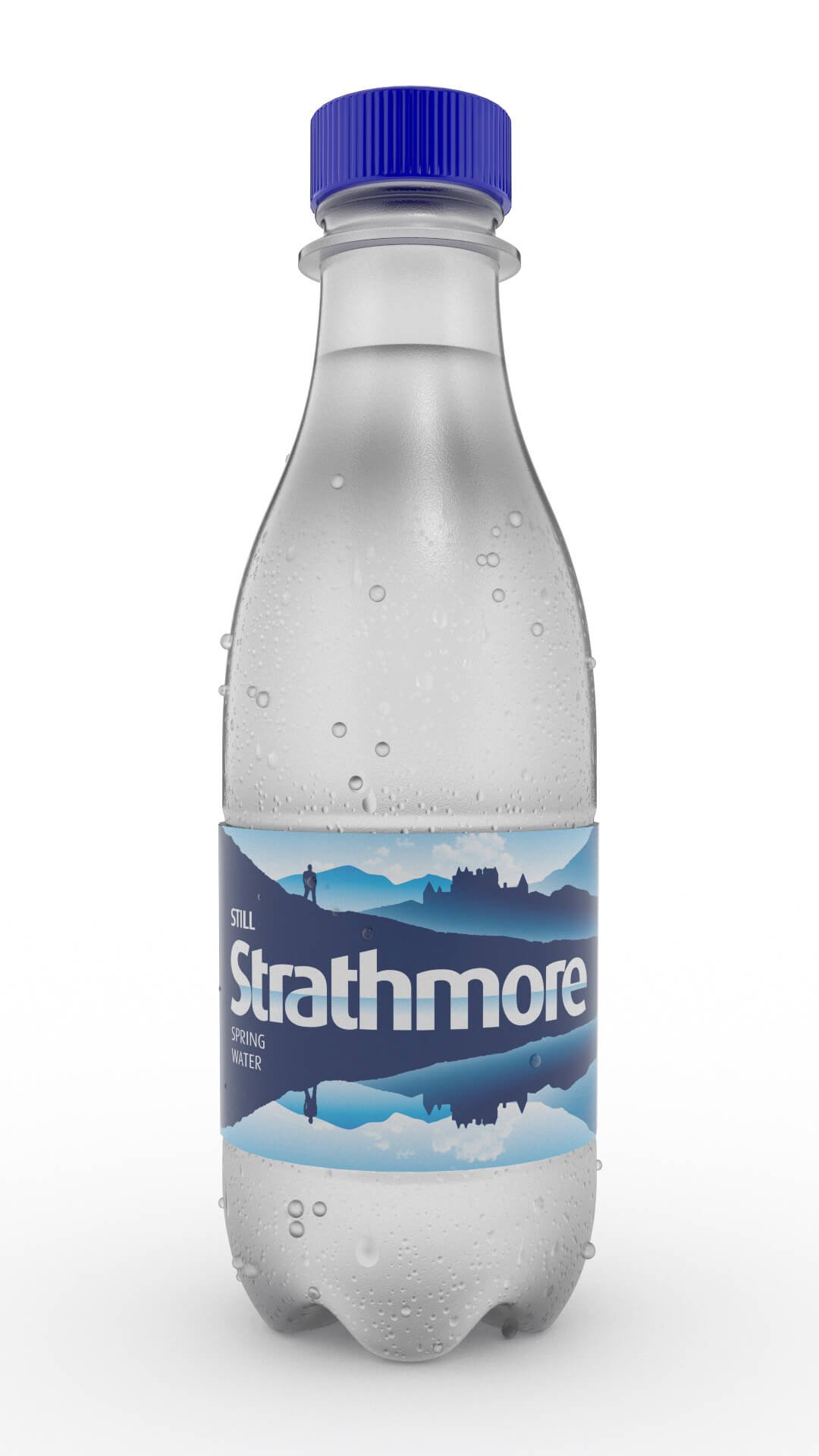 Still Strathmore plain water bottle with condensation droplets, front view.