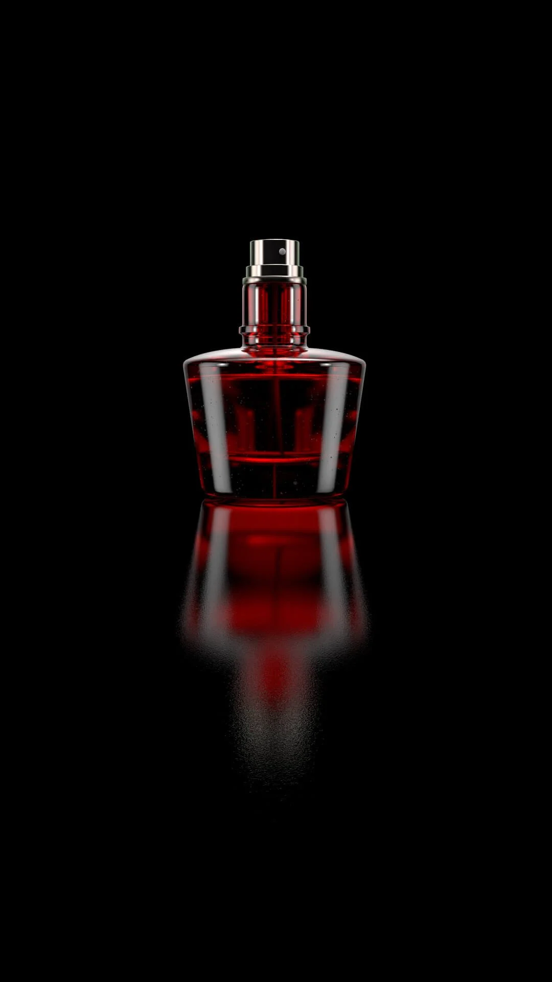 3D render of a rounded glass perfume bottle with caustic highlights and soft shadows.
