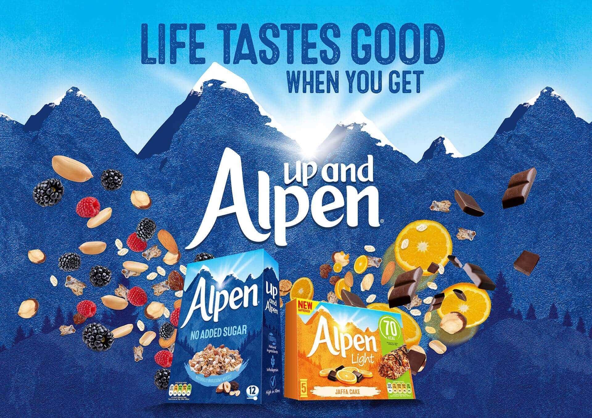 Artwork composition for Alpen cereal featuring product packs, ingredients and a stylised mountain backdrop, highlighting brand messaging.