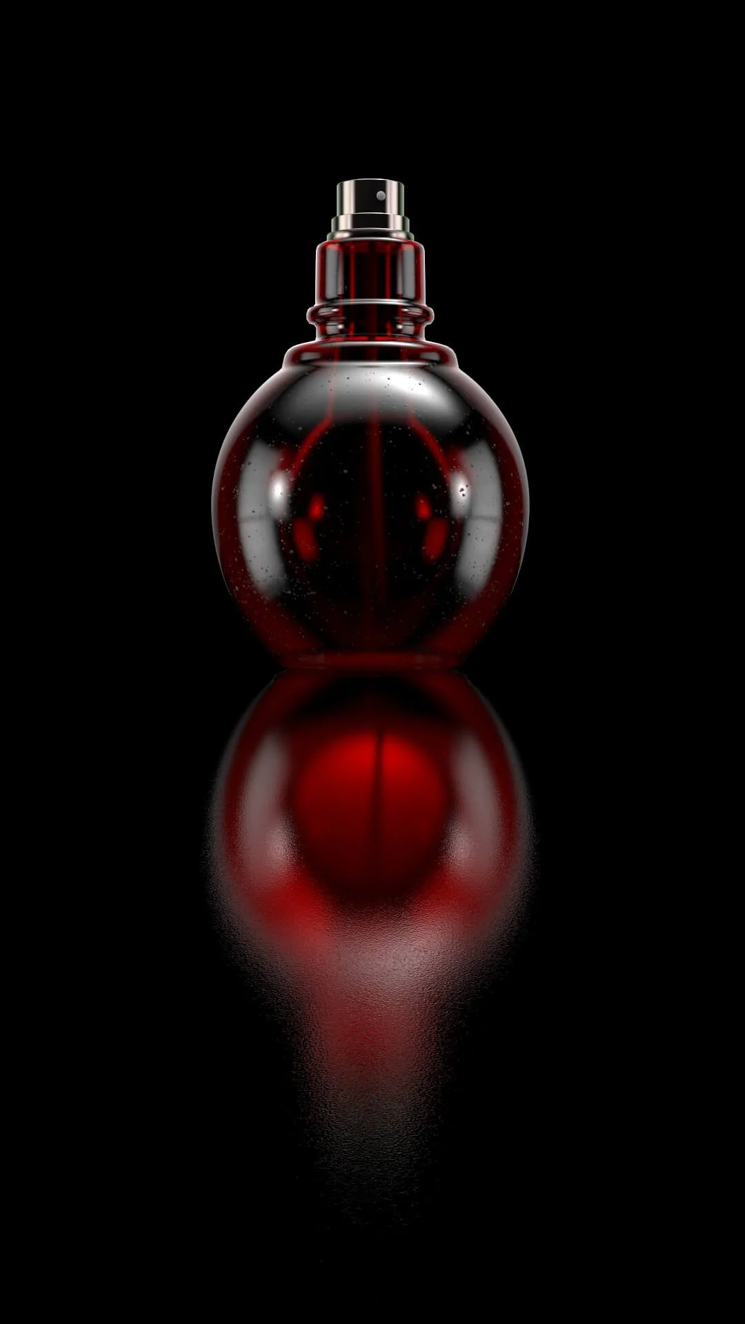 3D render of a rounded glass perfume bottle with caustic highlights and soft shadows.