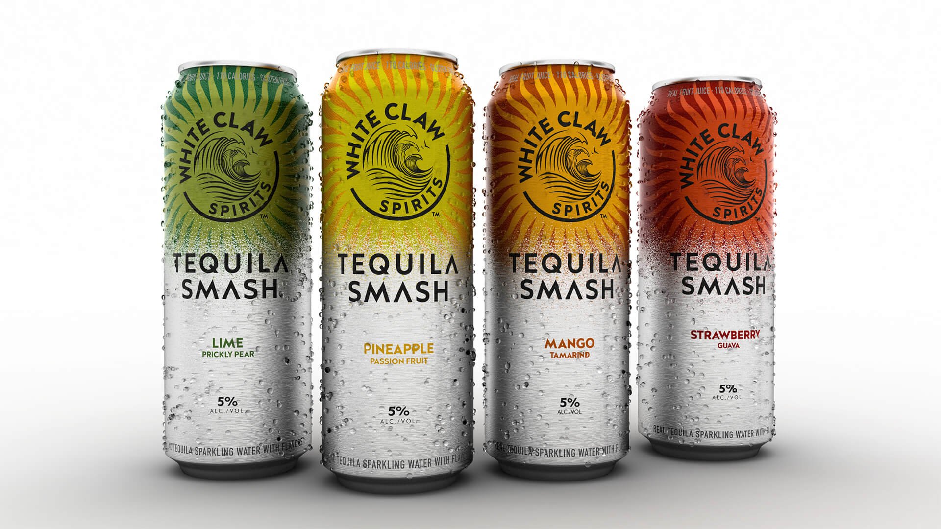 3D render of four White Claw Tequila Smash cans in a row, featuring Lime, Pineapple, Mango, and Strawberry flavours with condensation droplets.