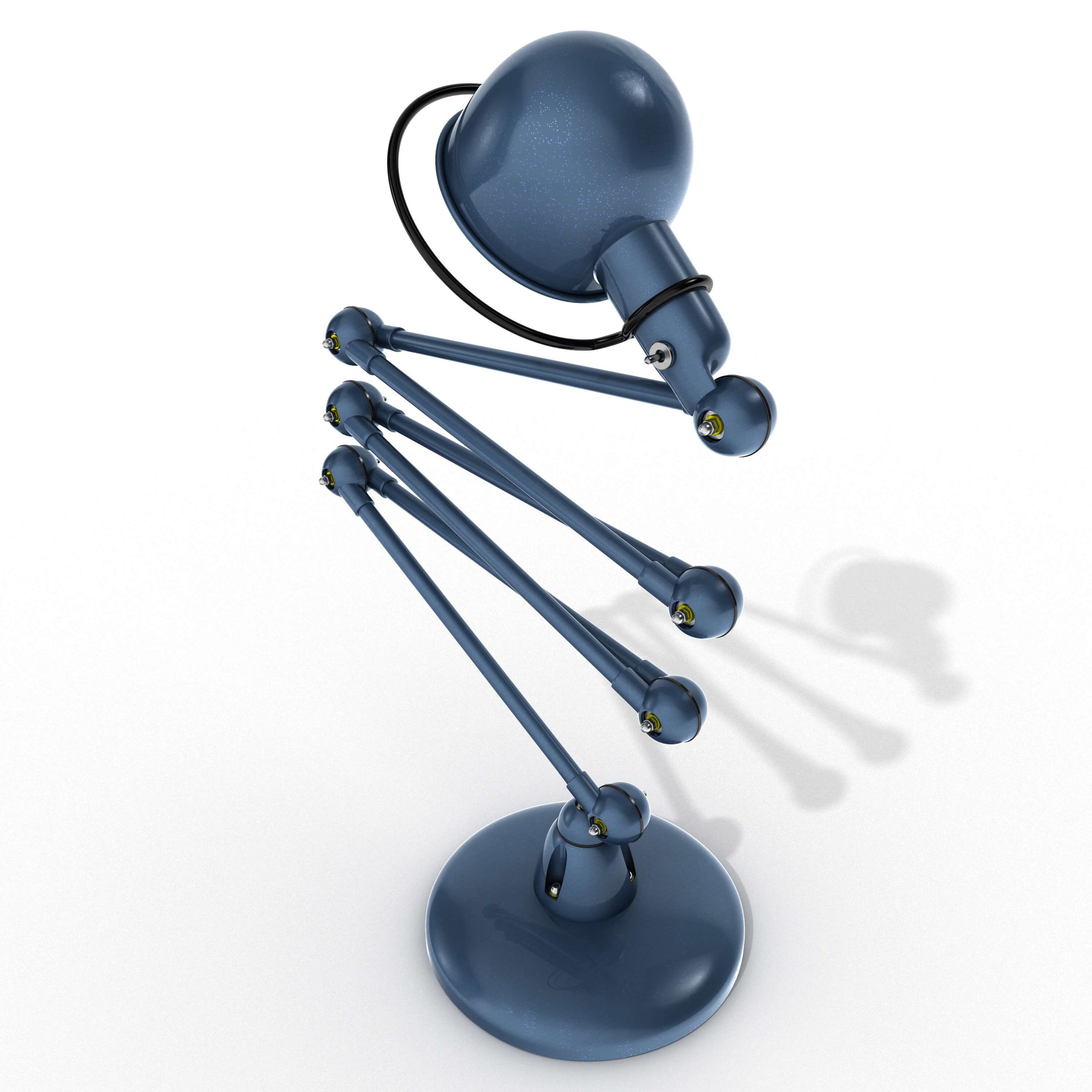 Close-up render of the upper arm and lamp head from an overhead perspective, highlighting the industrial joints.