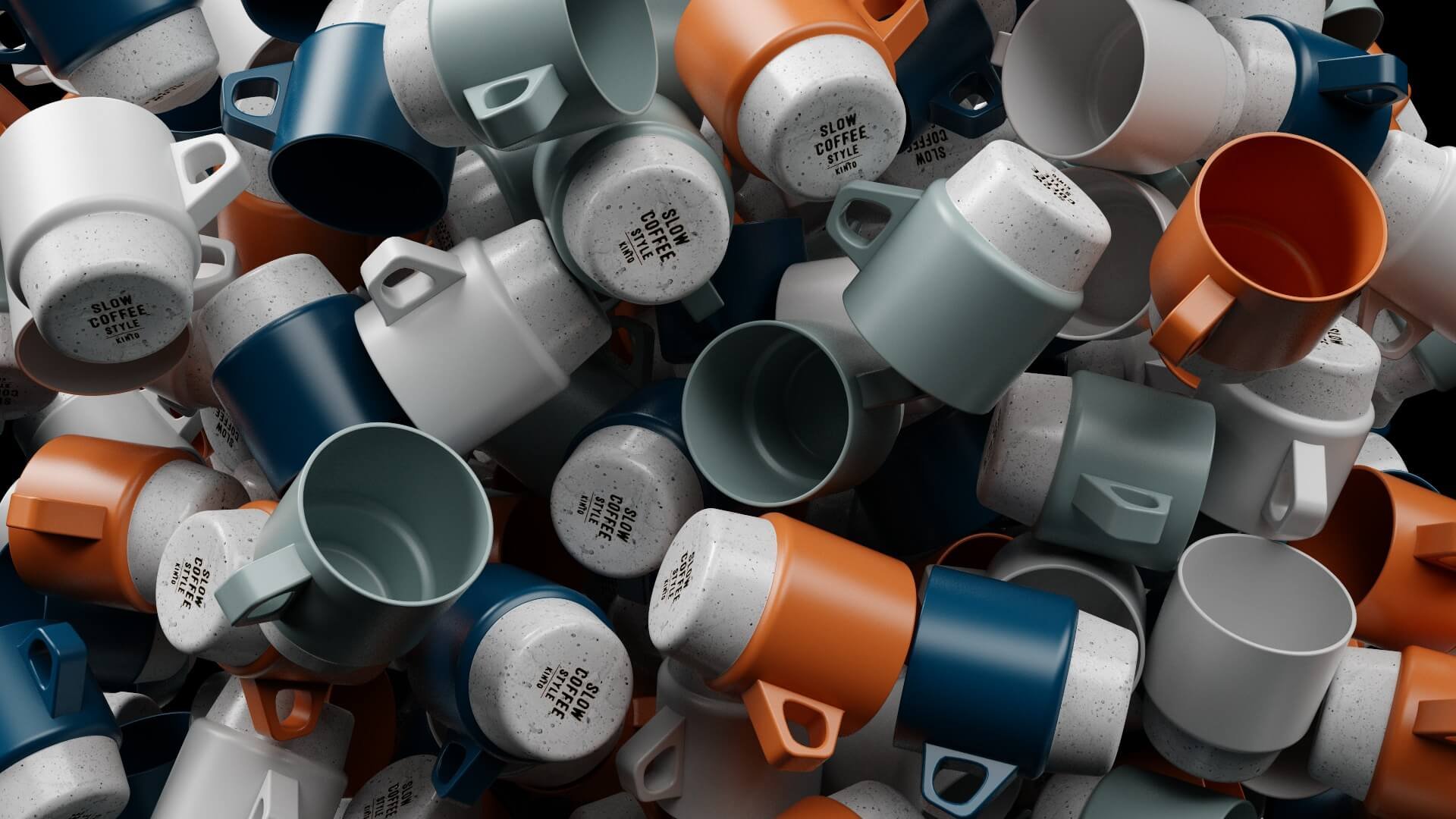 Stylised 3D visual of stacked Kinto ceramic mugs in mixed colours, highlighting materials, lighting and surface variation.
