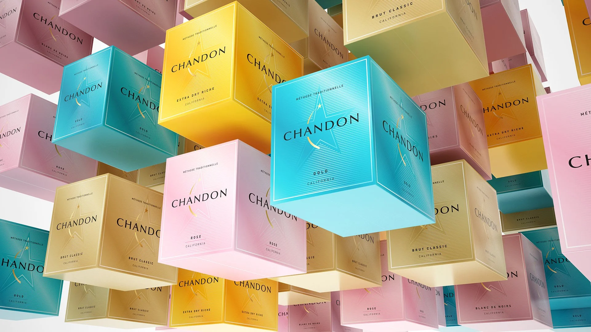 Product 3D render of Moet Shipping boxes arranged in a cloned offset cube, highlighting packaging design and branding elegance.