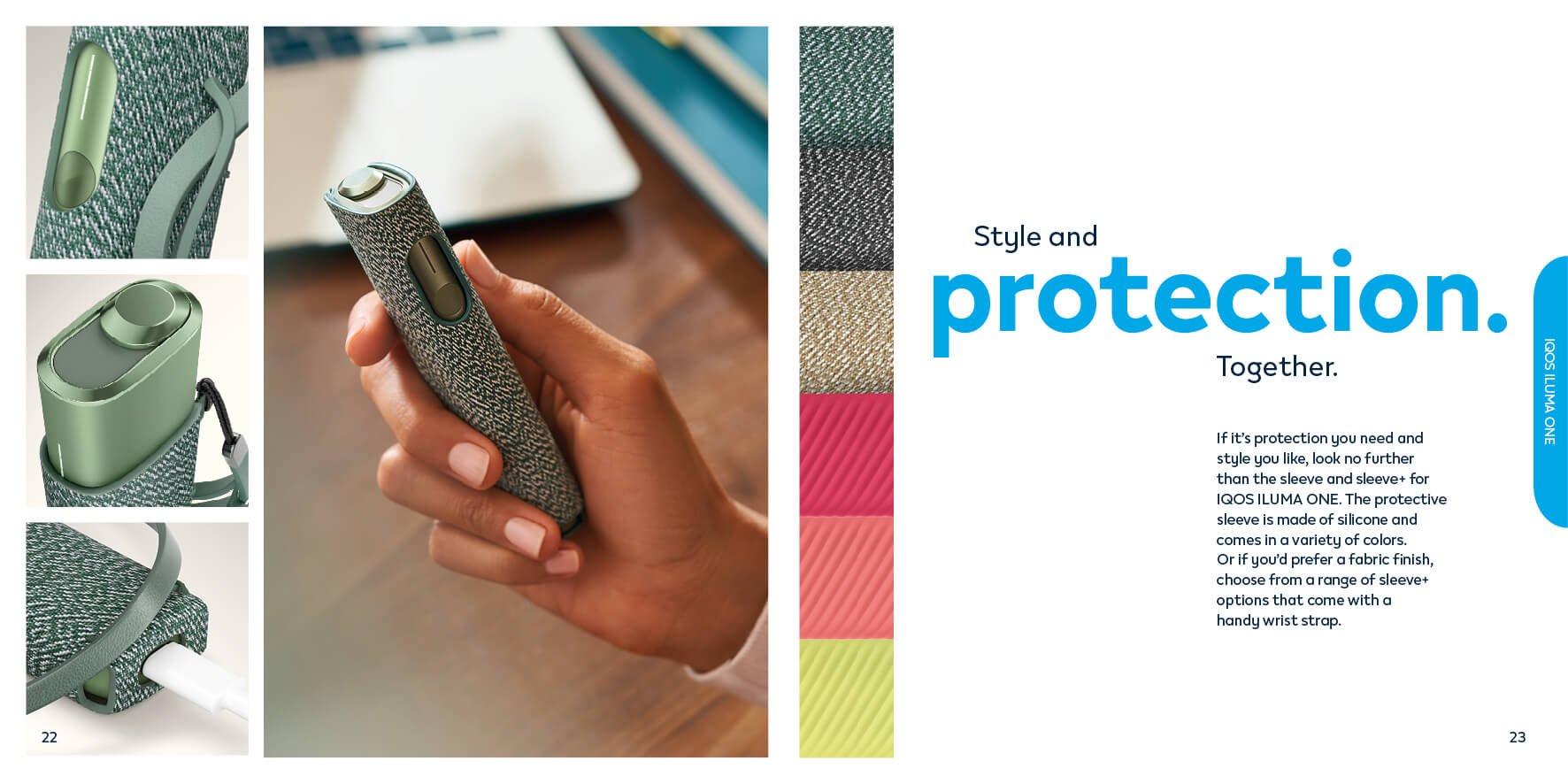 Creative Artworking – Brochures – A textured fabric protective sleeve with a wrist strap, offering both security and aesthetic appeal.