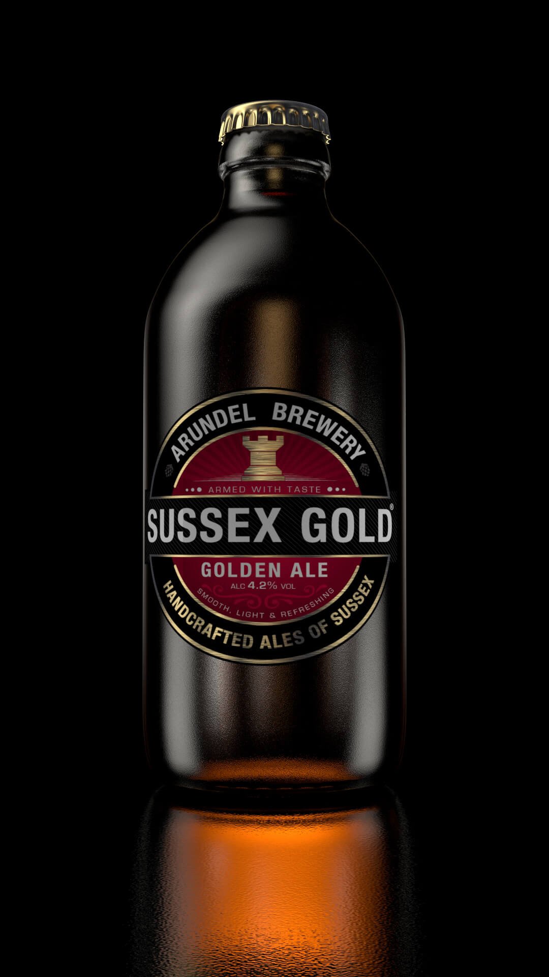 3D Visualising – Photorealistic 3D render of Arundel Brewery Sussex Gold ale bottle on a black background.